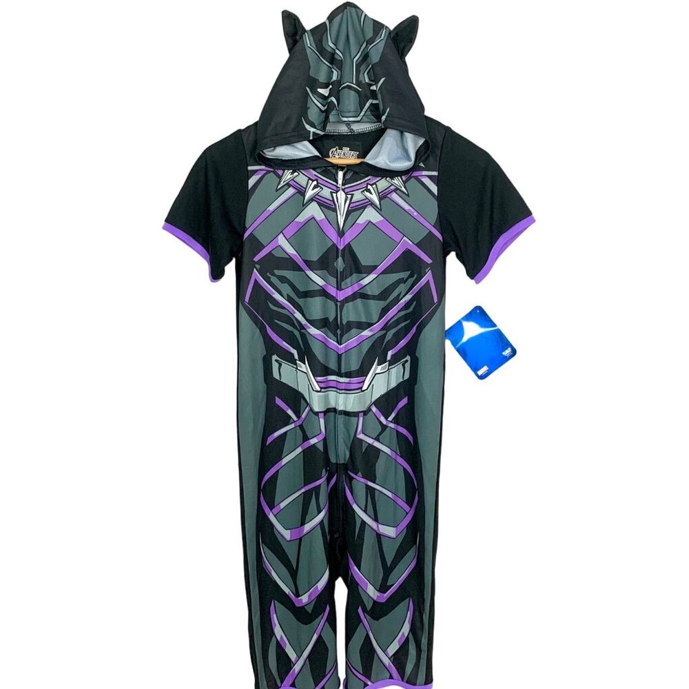 Marvel Avengers Black Panther Kids Hooded Costume PJs M 8/10 Flame Resistant